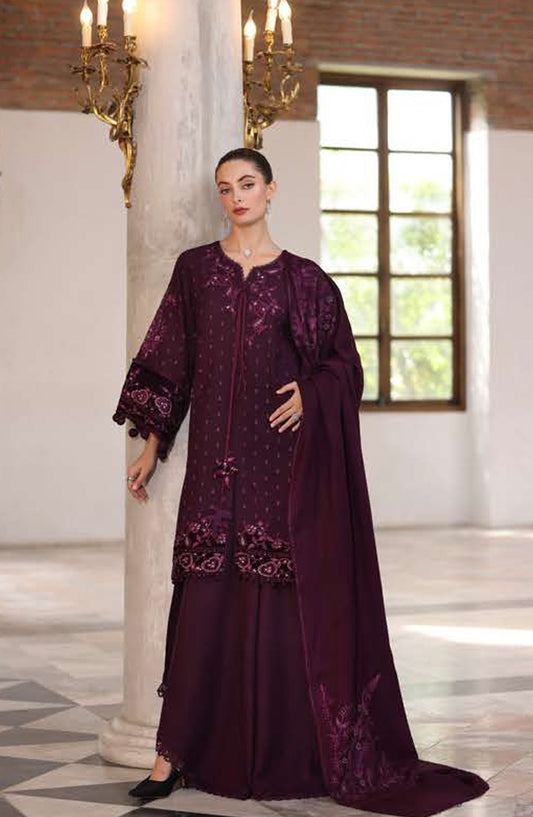 Noor by Saadia Asad Embroidered Khaddar Unstitched 3 Piece Suit - D9-Damson - NSA25PSH - Purple - Winter Collection
