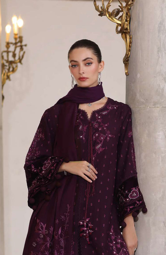 Noor by Saadia Asad Embroidered Khaddar Unstitched 3 Piece Suit - D9-Damson - NSA25PSH - Purple - Winter Collection