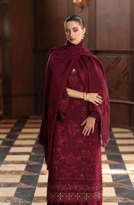 Noor by Saadia Asad Embroidered Linen Unstitched 3 Piece Suit - D13-Royal Claret - NSA25PSH - Pink - Winter Collection