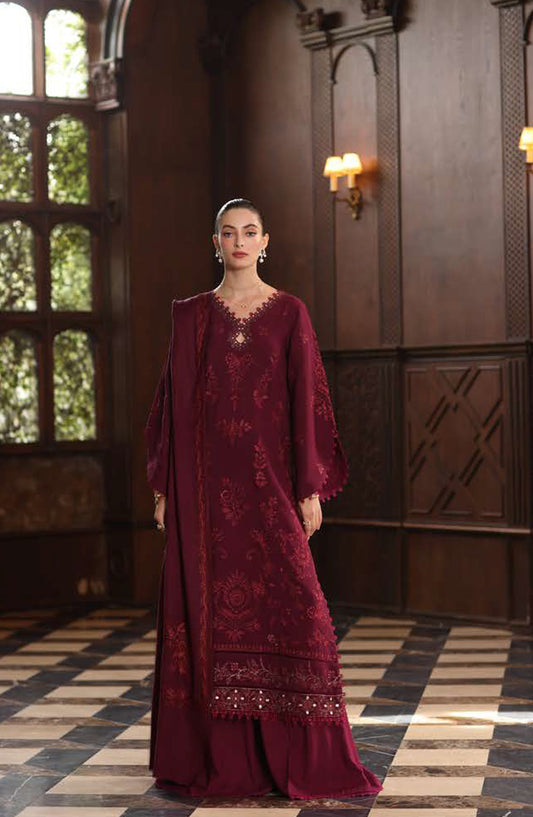 Noor by Saadia Asad Embroidered Linen Unstitched 3 Piece Suit - D13-Royal Claret - NSA25PSH - Pink - Winter Collection