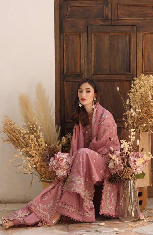 Noor by Saadia Asad Embroidered Jacquard Linen Unstitched 3 Piece Suit - D3-Aveline - NSA25PSH - Pink - Winter Collection