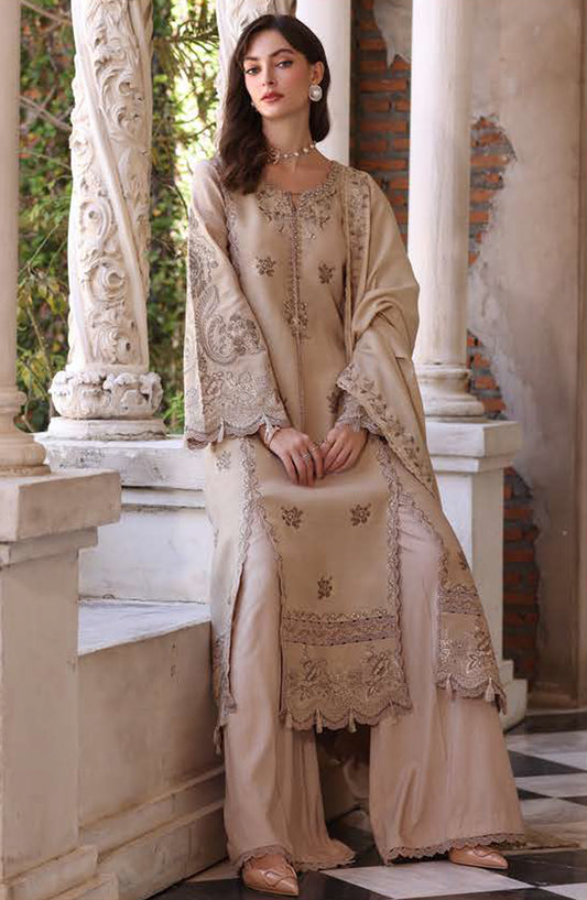 Noor by Saadia Asad Embroidered Linen Unstitched 3 Piece Suit - D12-Caramel Mist - NSA25PSH - Beige - Winter Collection