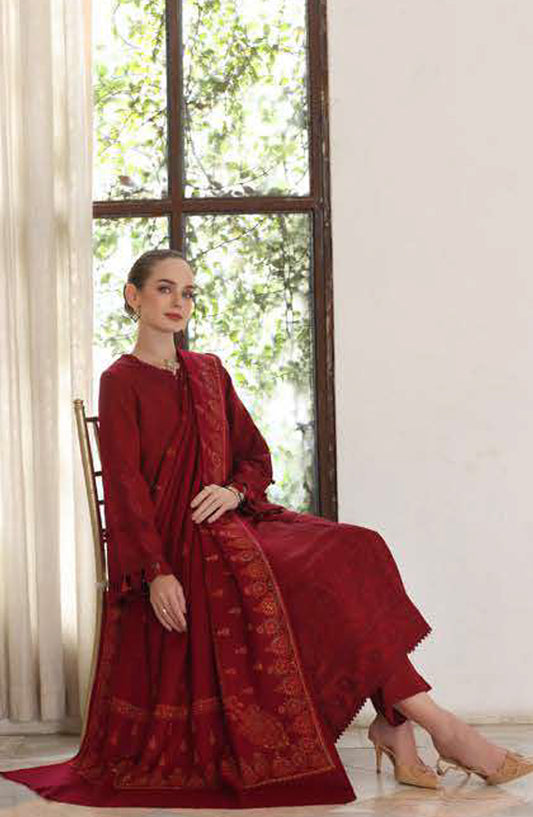 Noor by Saadia Asad Embroidered Linen Unstitched 3 Piece Suit - D5-Ember - NSA25PSH - Red - Winter Collection