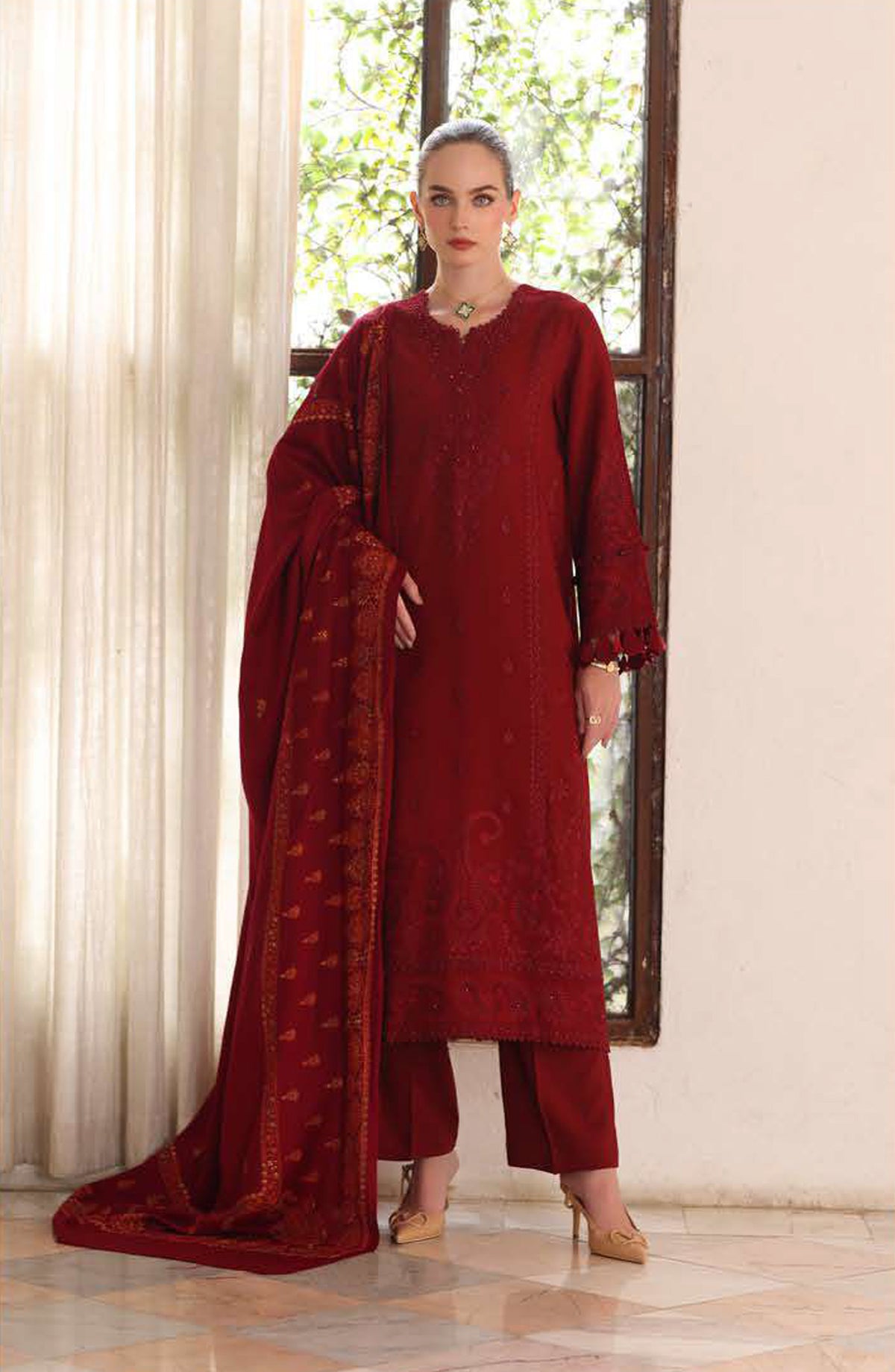 Noor by Saadia Asad Embroidered Linen Unstitched 3 Piece Suit - D5-Ember - NSA25PSH - Red - Winter Collection