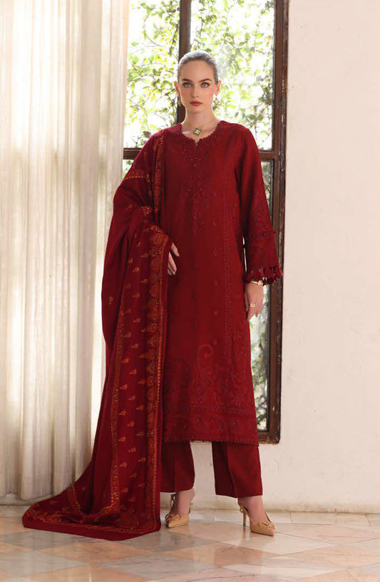 Noor by Saadia Asad Embroidered Linen Unstitched 3 Piece Suit - D5-Ember - NSA25PSH - Red - Winter Collection