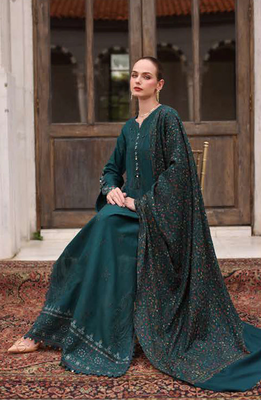 Noor by Saadia Asad Embroidered Khaddar Unstitched 3 Piece Suit - D11-Teal Empress - NSA25PSH - Green - Winter Collection