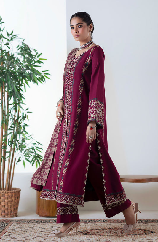 Noore by Freesia Embroidered Khaddar Unstitched 3 Piece Suit - MALALAI - FSU5670 - FS25NRE - Maroon - Winter Collection