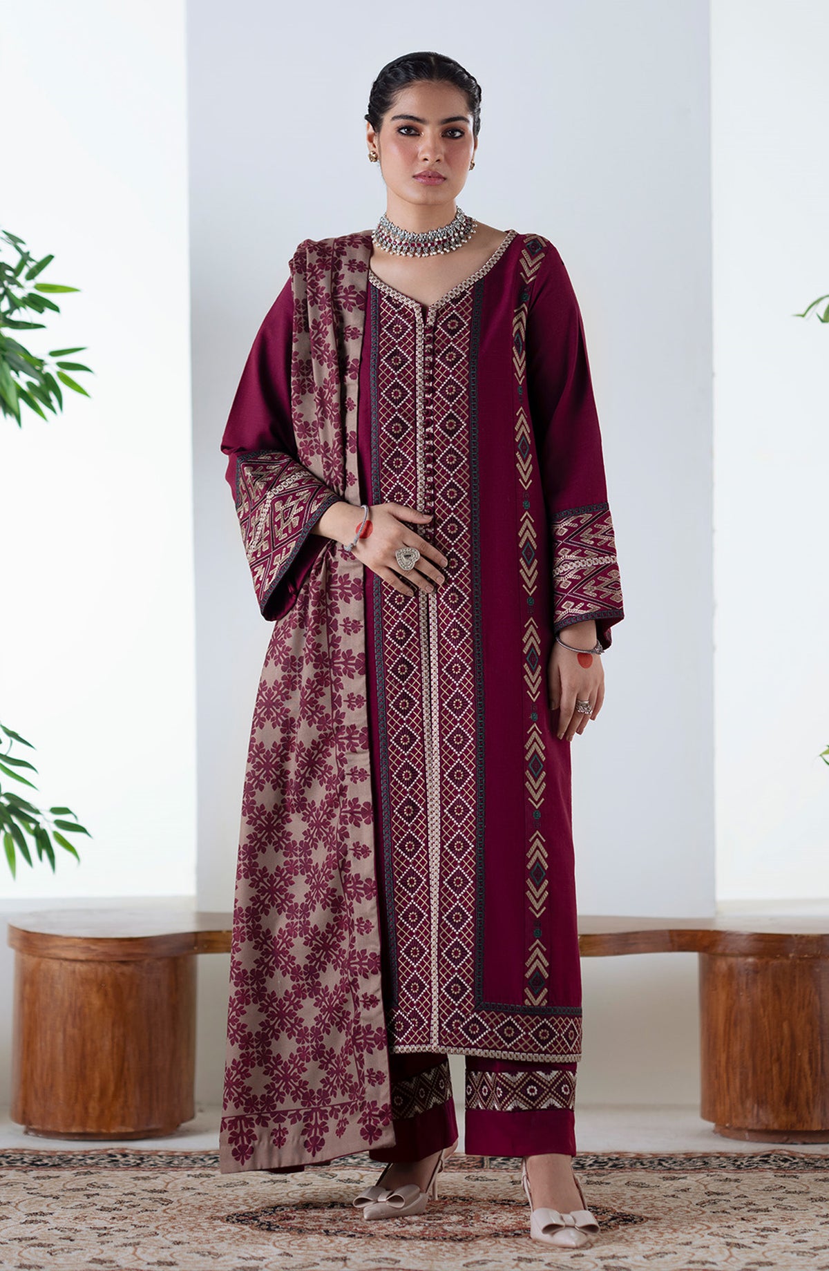 Noore by Freesia Embroidered Khaddar Unstitched 3 Piece Suit - MALALAI - FSU5670 - FS25NRE - Maroon - Winter Collection