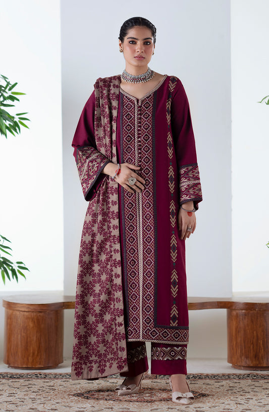 Noore by Freesia Embroidered Khaddar Unstitched 3 Piece Suit - MALALAI - FSU5670 - FS25NRE - Maroon - Winter Collection