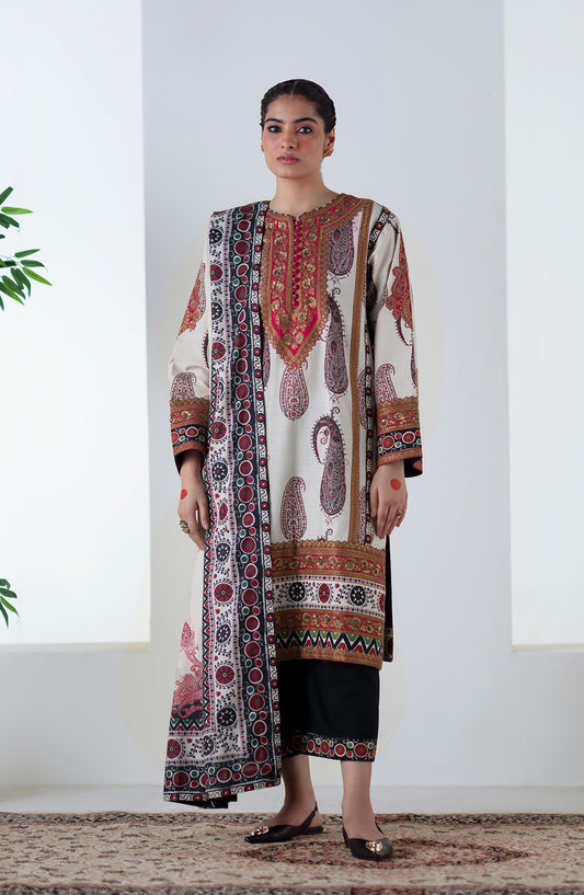 Noore by Freesia Embroidered Khaddar Unstitched 3 Piece Suit - ZOHAL - FSU5678 - FS25NRE - Ivory - Winter Collection