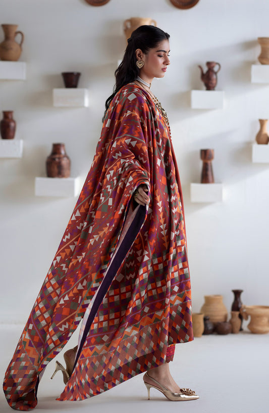 Noore by Freesia Embroidered Khaddar Unstitched 3 Piece Suit - BADRAI - FSU5673 - FS25NRE - Rust - Winter Collection