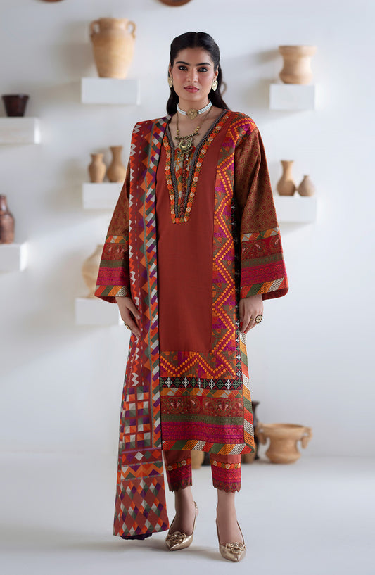 Noore by Freesia Embroidered Khaddar Unstitched 3 Piece Suit - BADRAI - FSU5673 - FS25NRE - Rust - Winter Collection