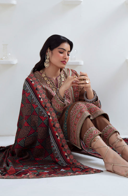 Noore by Freesia Embroidered Khaddar Unstitched 3 Piece Suit - GHUNCHA - FSU5674 - FS25NRE - Brown - Winter Collection