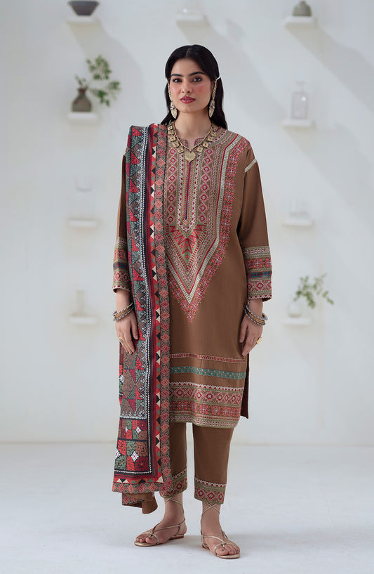 Noore by Freesia Embroidered Khaddar Unstitched 3 Piece Suit - GHUNCHA - FSU5674 - FS25NRE - Brown - Winter Collection