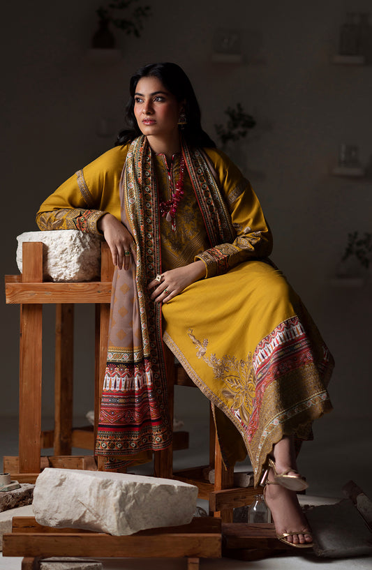 Noore by Freesia Embroidered Khaddar Unstitched 3 Piece Suit - APANA - FSU5671 - FS25NRE - Mustard - Winter Collection