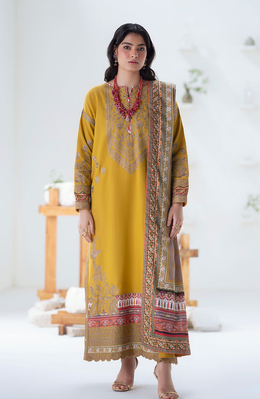 Noore by Freesia Embroidered Khaddar Unstitched 3 Piece Suit - APANA - FSU5671 - FS25NRE - Mustard - Winter Collection
