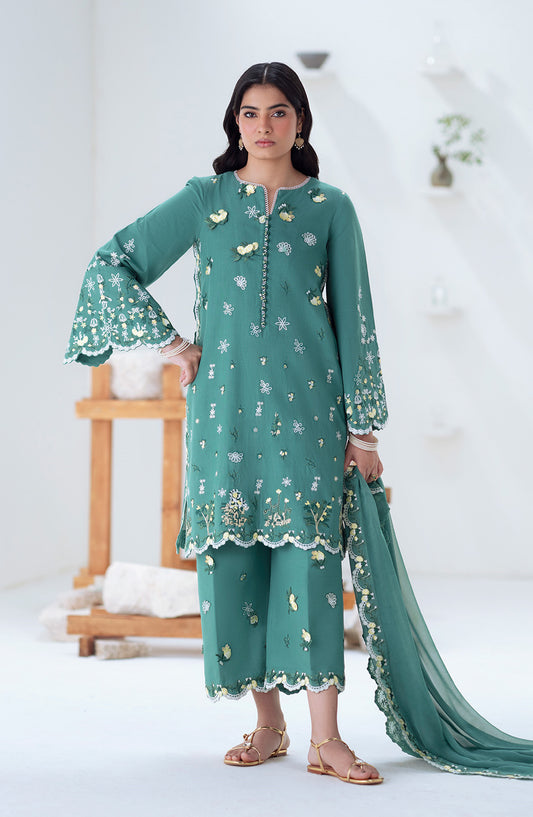 Noore by Freesia Embroidered Khaddar Unstitched 3 Piece Suit - TABANA - FSU5676 - FS25NRE - Jungle Green - Winter Collection