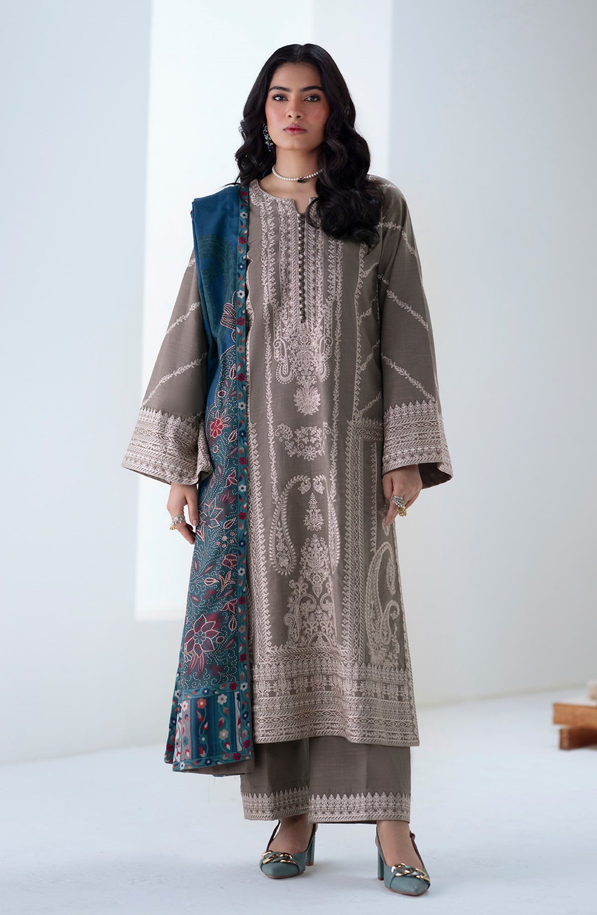 Noore by Freesia Embroidered Khaddar Unstitched 3 Piece Suit - ANGEZA - FSU5679 - FS25NRE - Taupe - Winter Collection