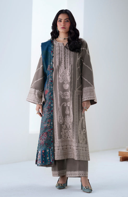 Noore by Freesia Embroidered Khaddar Unstitched 3 Piece Suit - ANGEZA - FSU5679 - FS25NRE - Taupe - Winter Collection