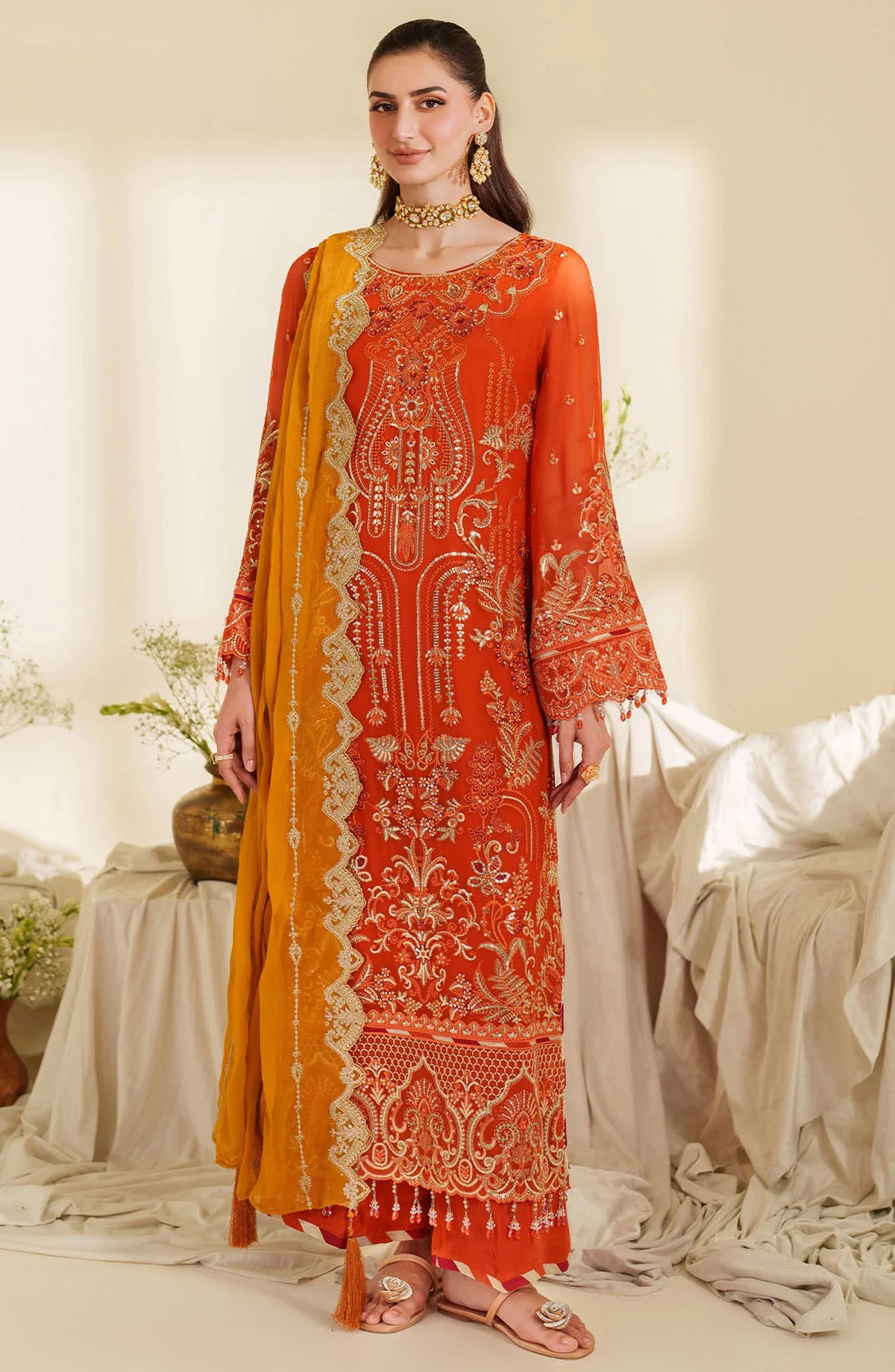 Noore by Imrozia Embroidered Chiffon Unstitched 3 Piece Suit - M-100 SIRA - IMP25NOR - Orange - Festive Collection