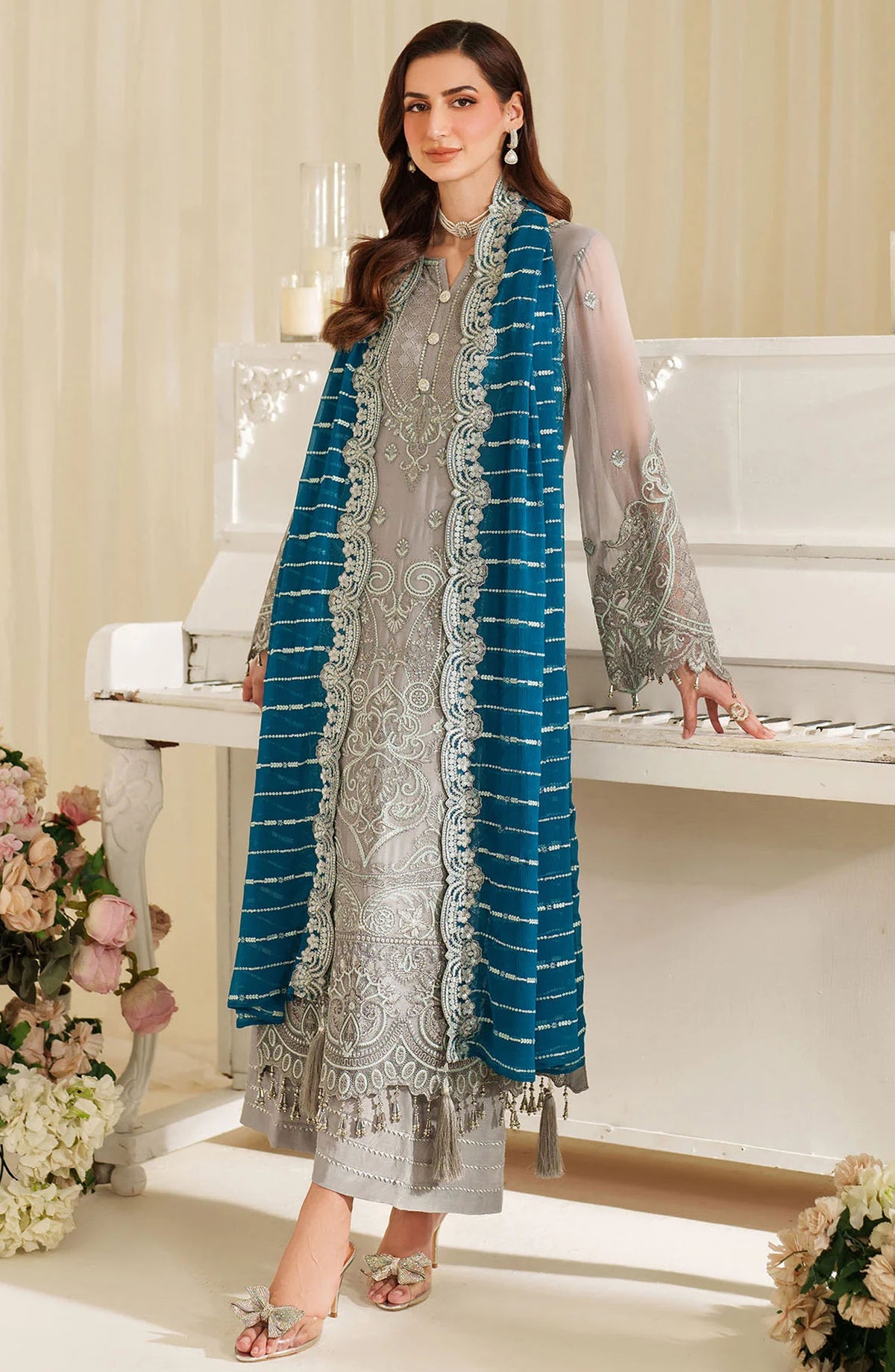 Noore by Imrozia Embroidered Chiffon Unstitched 3 Piece Suit - M-96 AMERICA - IMP25NOR - Grey - Festive Collection