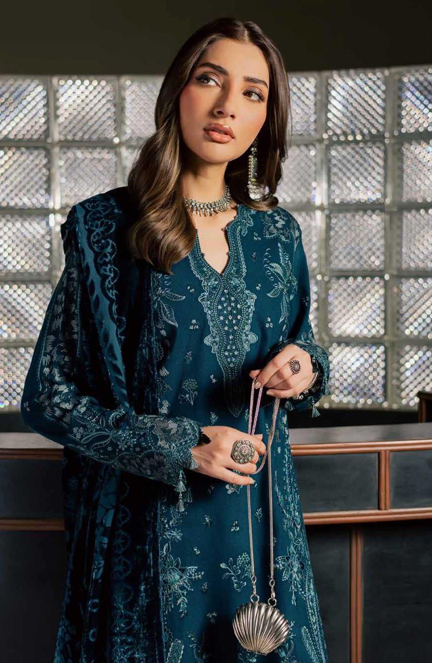 Nureh Exclusive Embroidered Leather Peach Unstitched 3 Piece Suit - NE-282 - NL26XL - Blue - Winter Collection