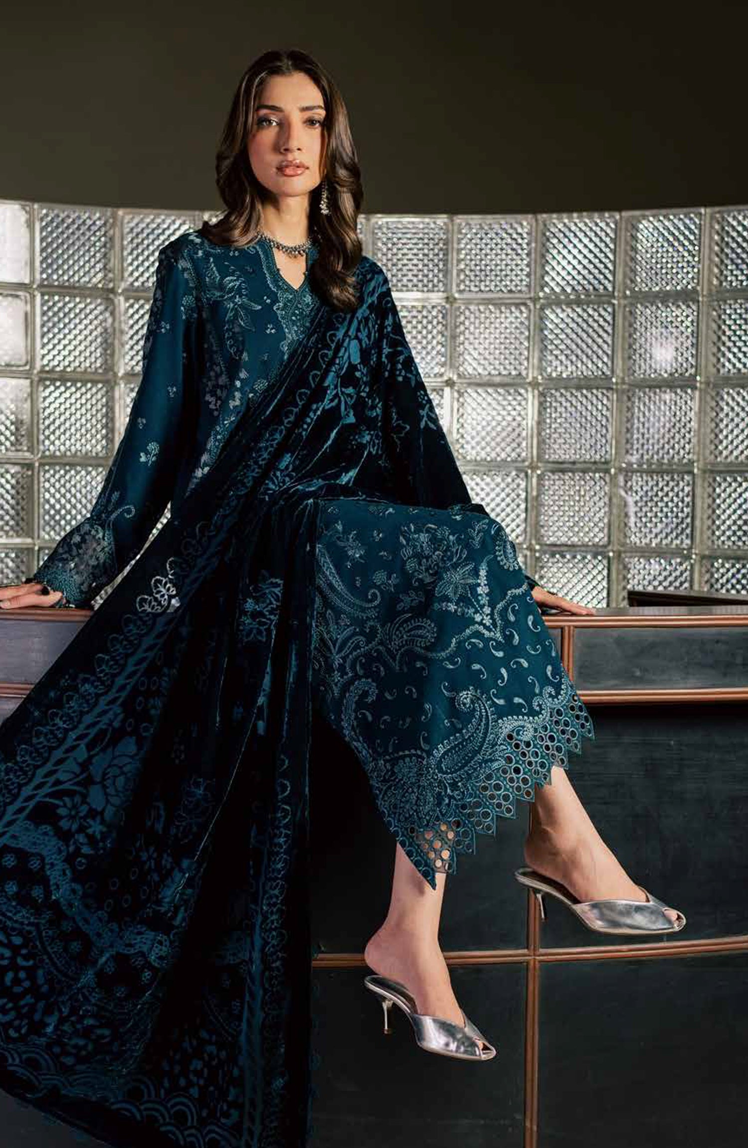 Nureh Exclusive Embroidered Leather Peach Unstitched 3 Piece Suit - NE-282 - NL26XL - Blue - Winter Collection