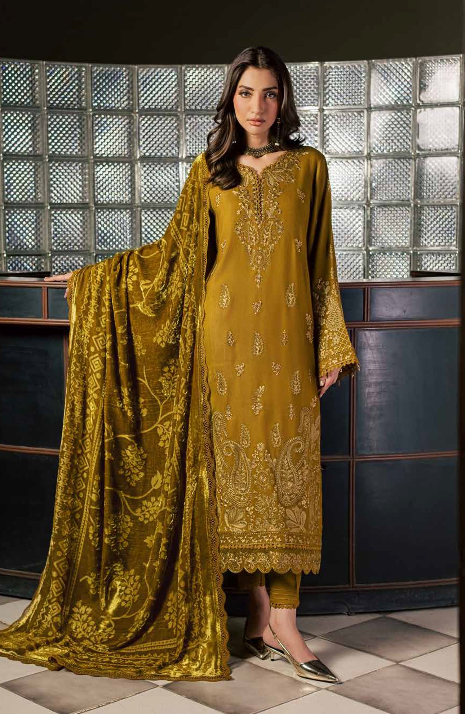 Nureh Exclusive Embroidered Leather Peach Unstitched 3 Piece Suit - NE-283 - NL26XL - Dhani - Winter Collection