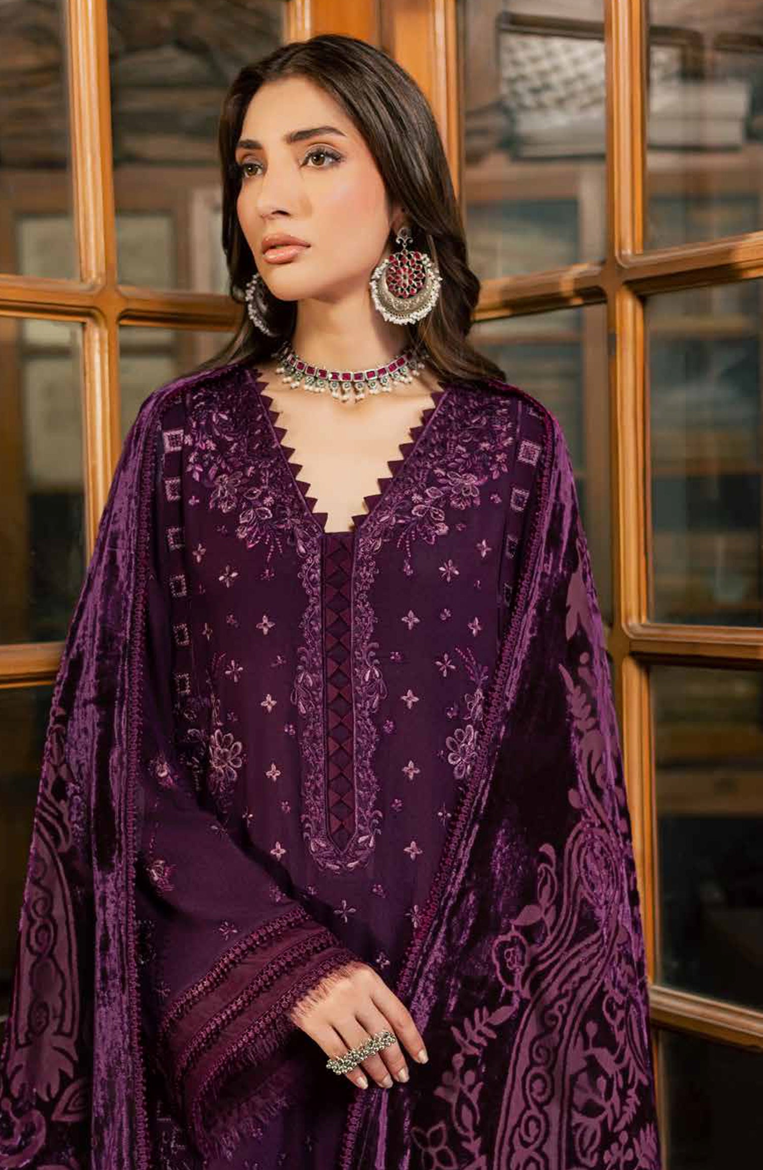 Nureh Exclusive Embroidered Leather Peach Unstitched 3 Piece Suit - NE-284 - NL26XL - Purple - Winter Collection