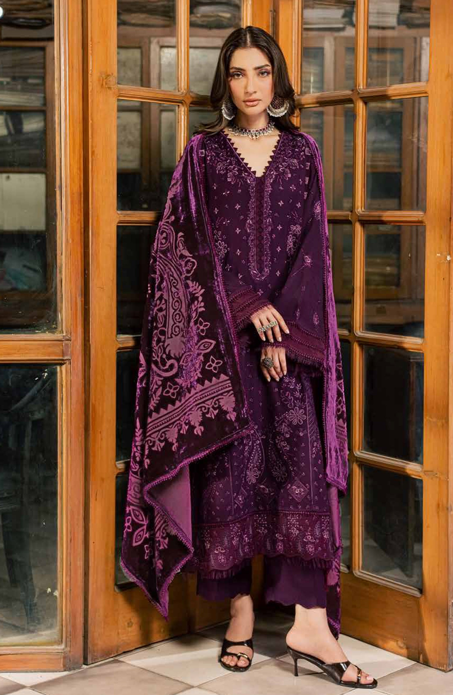 Nureh Exclusive Embroidered Leather Peach Unstitched 3 Piece Suit - NE-284 - NL26XL - Purple - Winter Collection