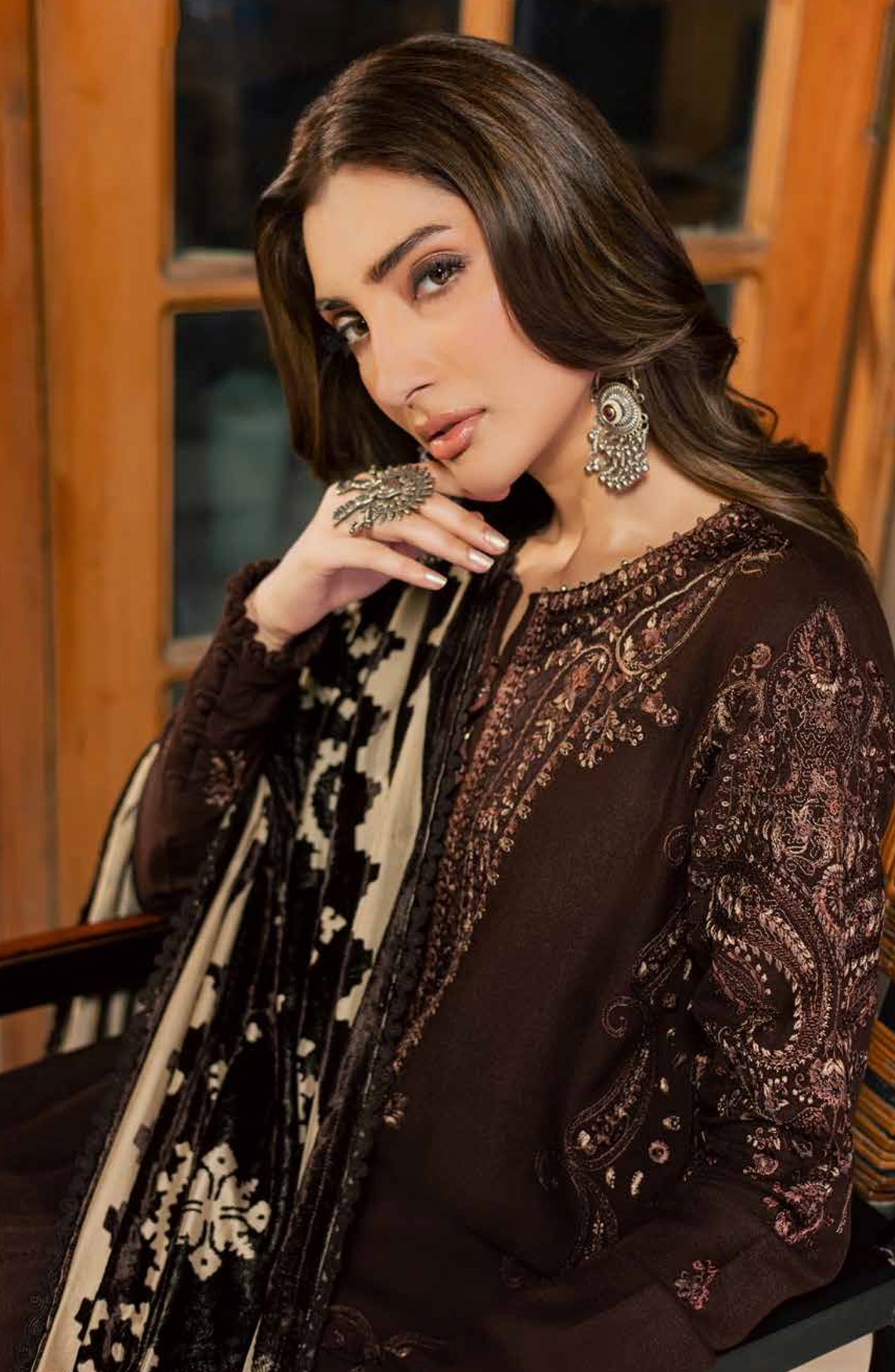 Nureh Exclusive Embroidered Leather Peach Unstitched 3 Piece Suit - NE-285 - NL26XL - Brown - Winter Collection