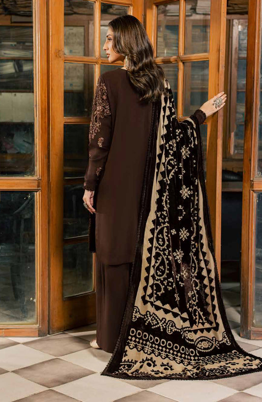 Nureh Exclusive Embroidered Leather Peach Unstitched 3 Piece Suit - NE-285 - NL26XL - Brown - Winter Collection