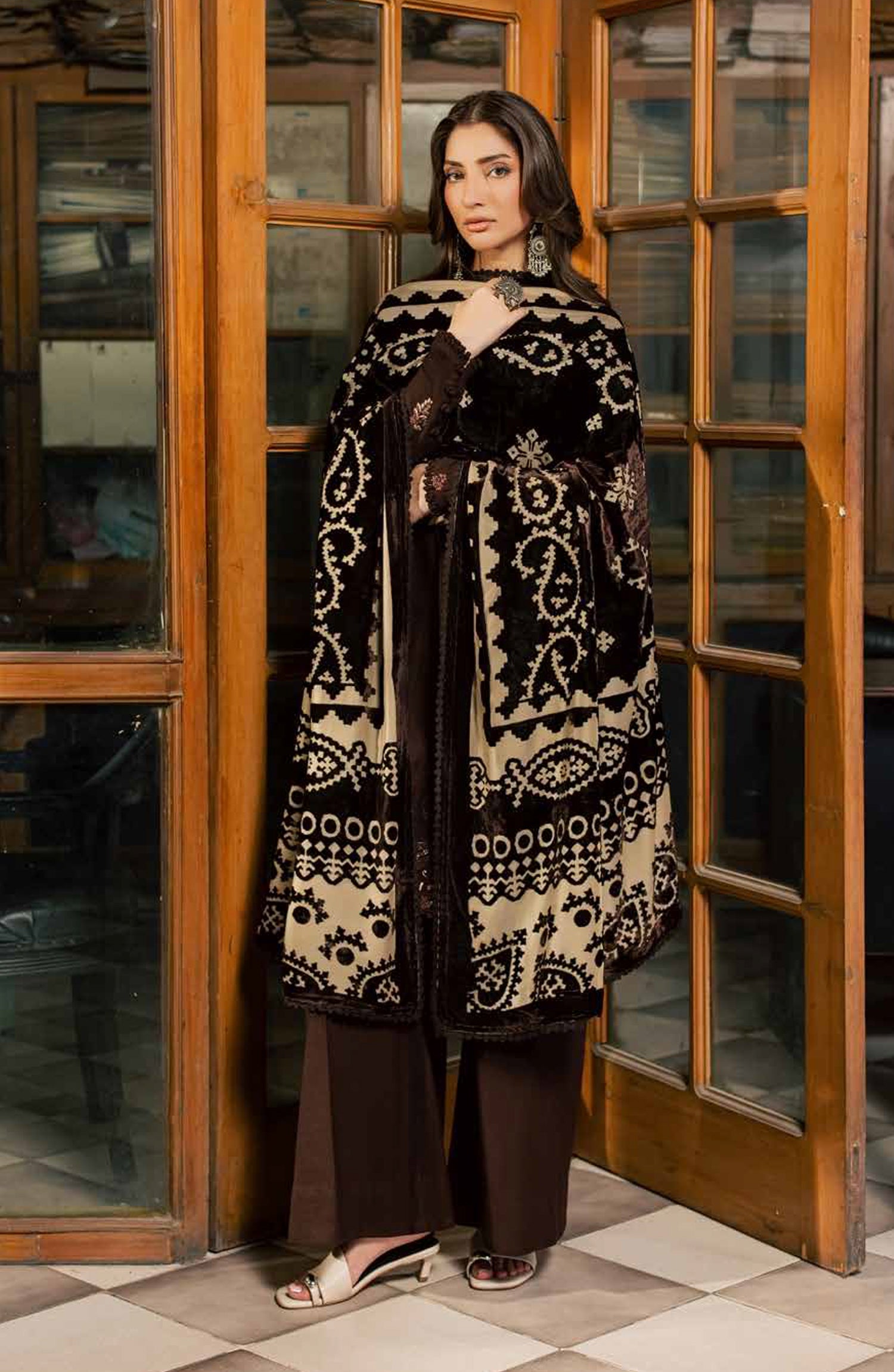 Nureh Exclusive Embroidered Leather Peach Unstitched 3 Piece Suit - NE-285 - NL26XL - Brown - Winter Collection