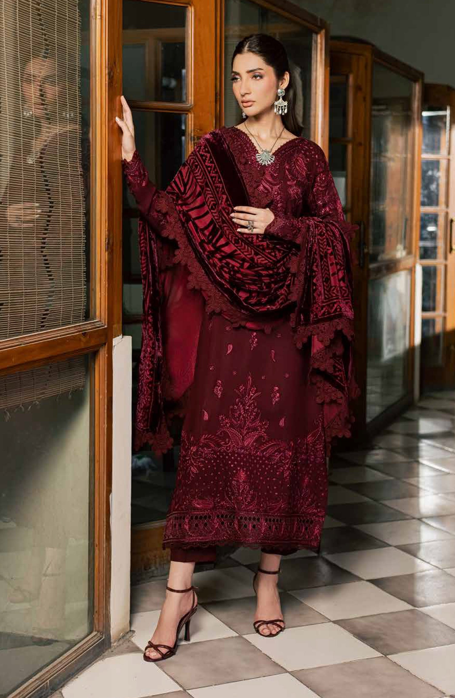 Nureh Exclusive Embroidered Leather Peach Unstitched 3 Piece Suit - NE-286 - NL26XL - Maroon - Winter Collection