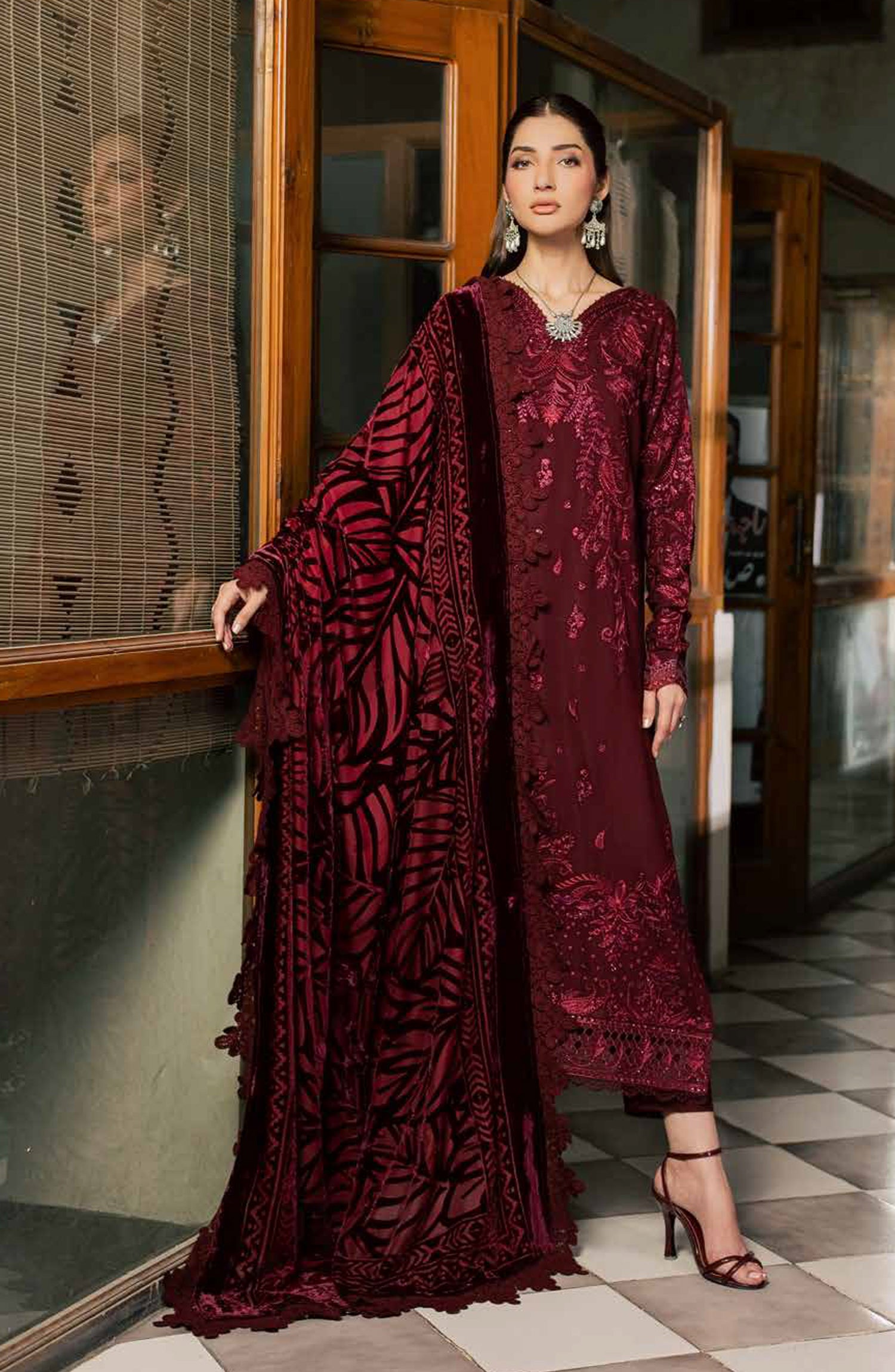 Nureh Exclusive Embroidered Leather Peach Unstitched 3 Piece Suit - NE-286 - NL26XL - Maroon - Winter Collection