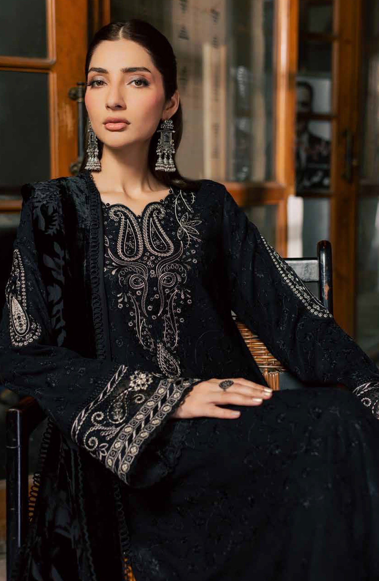 Nureh Exclusive Embroidered Leather Peach Unstitched 3 Piece Suit - NE-287 - NL26XL - Black - Winter Collection