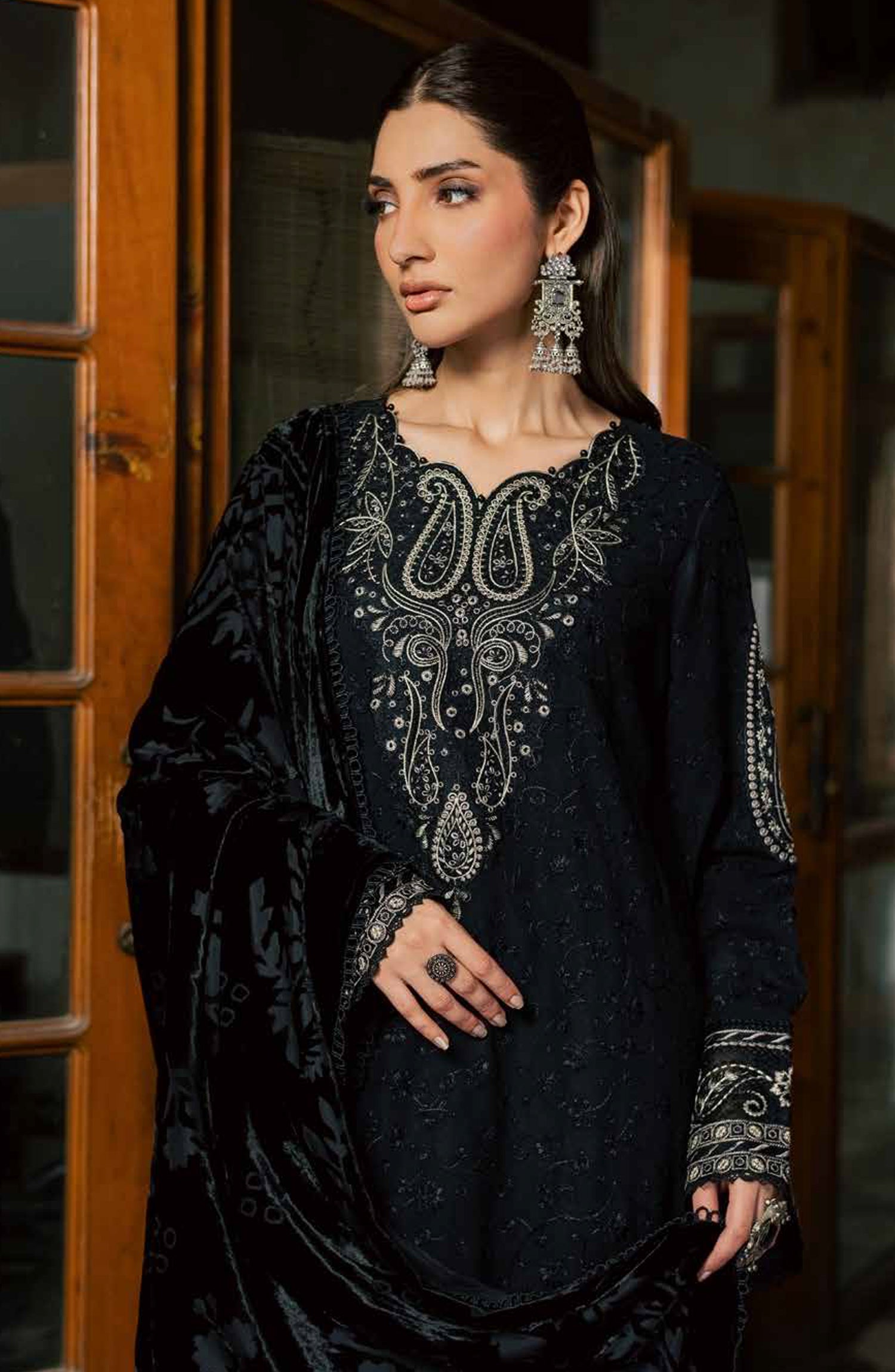Nureh Exclusive Embroidered Leather Peach Unstitched 3 Piece Suit - NE-287 - NL26XL - Black - Winter Collection