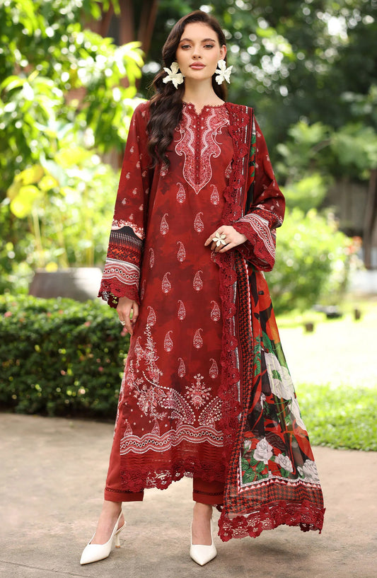 Nureh Daily Delights Embroidered Viscose Slub Unstitched 3 Piece Suit - DD-18 - NL25DD - Red - Daily Wear Collection