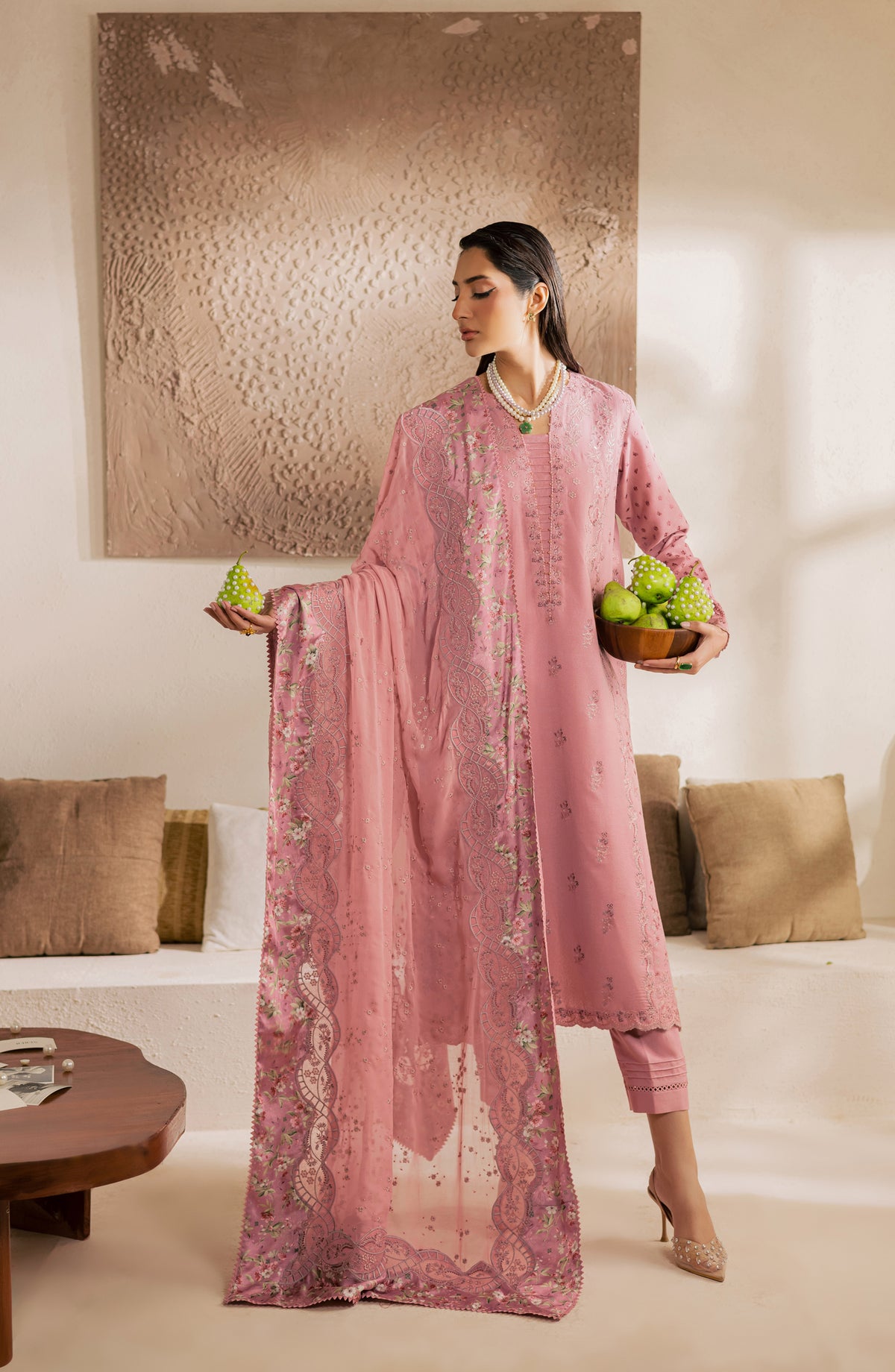 Nureh Exclusive Embroidered Lawn Unstitched 3 Piece Suit - NE-216 - NL26KL - Pink - Luxury Collection