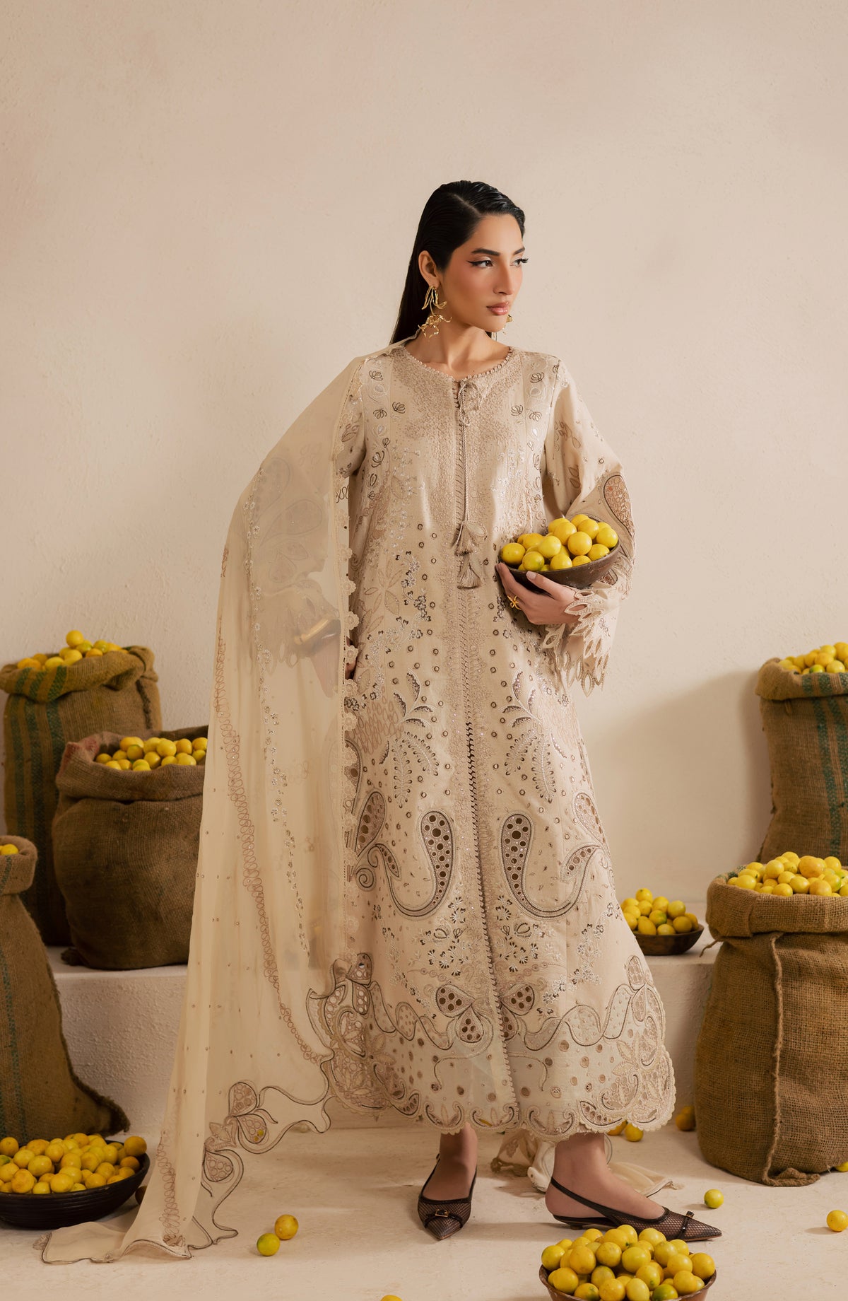 Nureh Exclusive Embroidered Lawn Unstitched 3 Piece Suit - NE-218 - NL26KL - Fawn - Luxury Collection