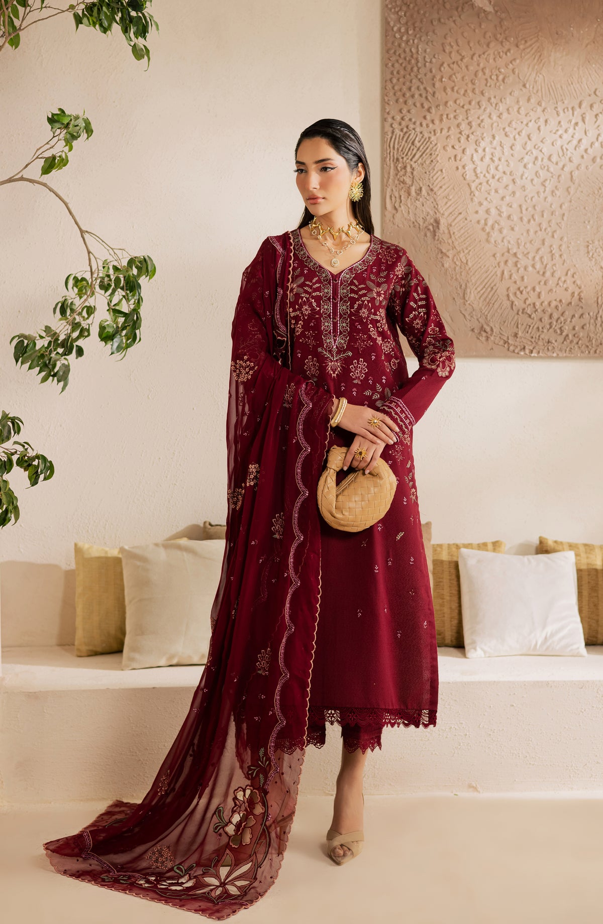 Nureh Exclusive Embroidered Lawn Unstitched 3 Piece Suit - NE-219 - NL26KL - Maroon - Luxury Collection