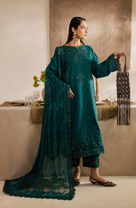 Nureh Exclusive Embroidered Lawn Unstitched 3 Piece Suit - NE-220 - NL26KL - Teal - Luxury Collection