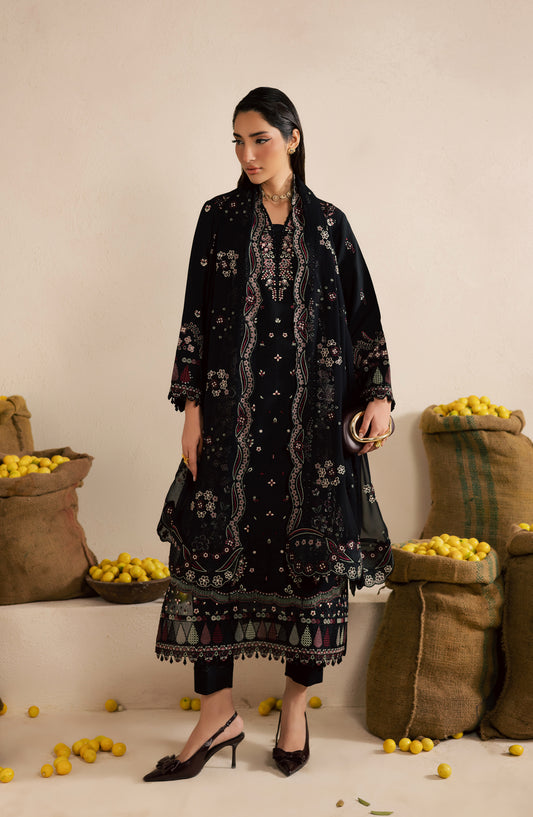 Nureh Exclusive Embroidered Lawn Unstitched 3 Piece Suit - NE-221 - NL26KL - Black - Luxury Collection