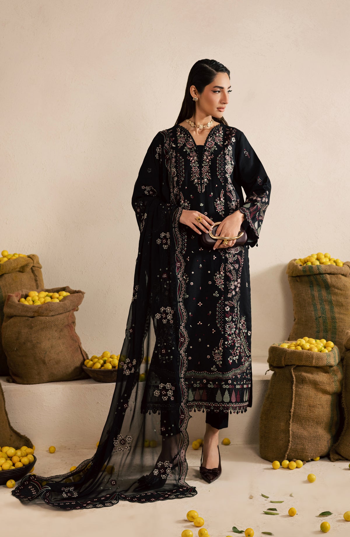Nureh Exclusive Embroidered Lawn Unstitched 3 Piece Suit - NE-221 - NL26KL - Black - Luxury Collection