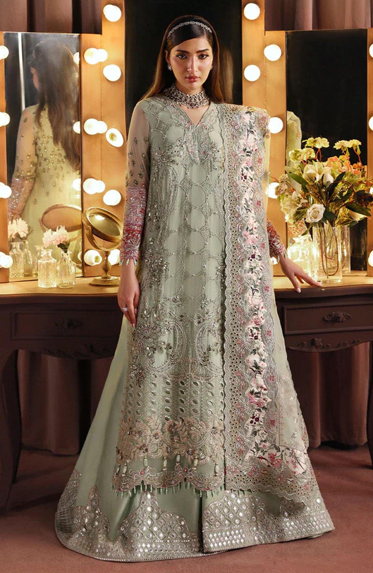 Nureh Jhoomro Luxury Embroidered Chiffon Unstitched 3 Piece Suit - NL-86 Insia - NU25JHM - Green - Formals Collection