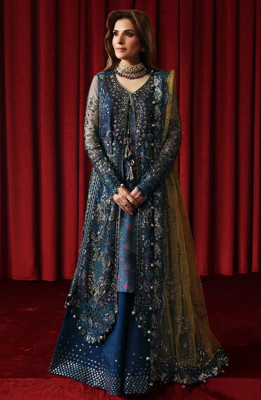 Nureh Jhoomro Luxury Embroidered Net Unstitched 3 Piece Suit - NL-84 Resham - NU25JHM - Blue - Formals Collection