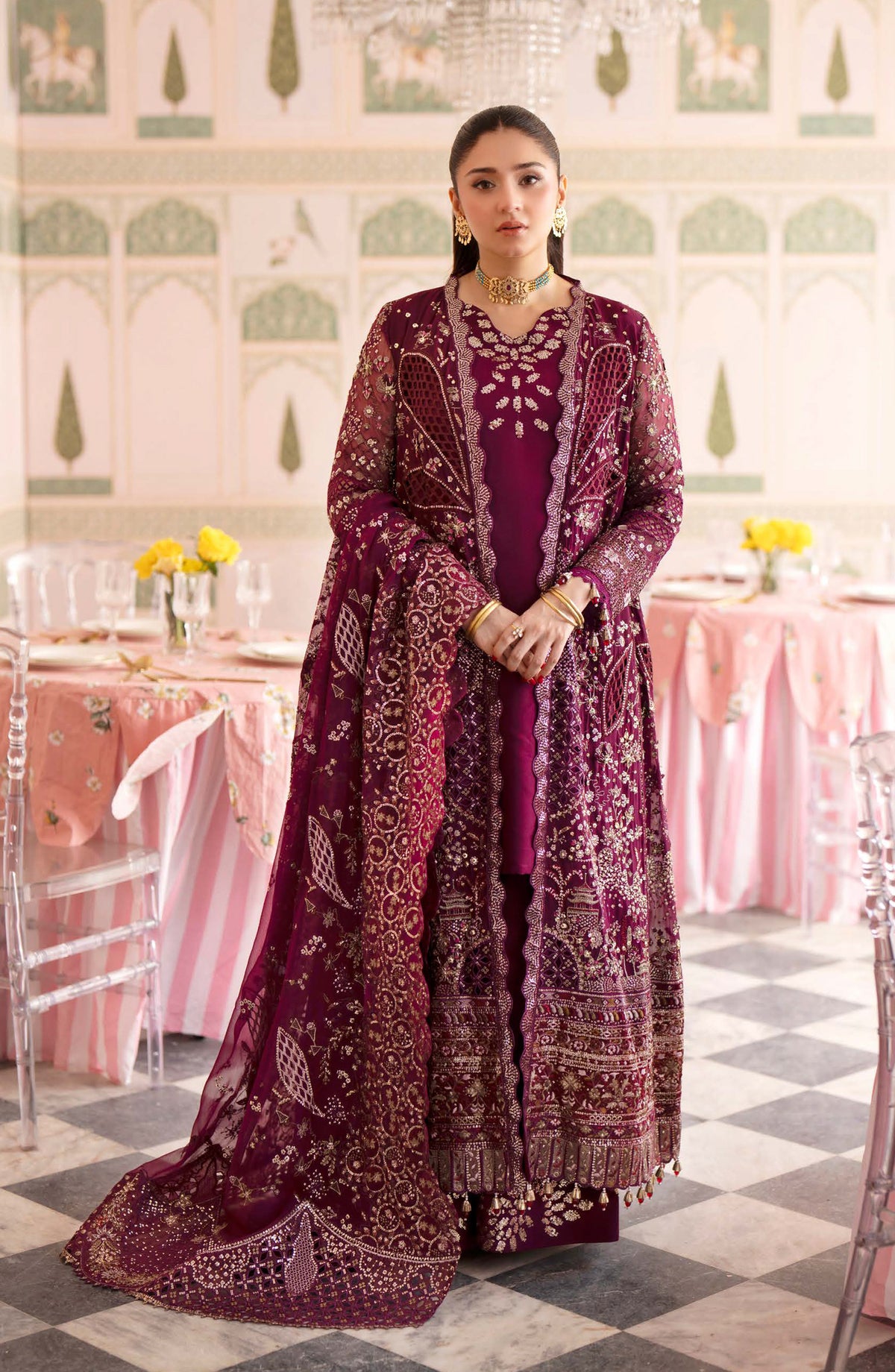 Nureh Jhoomro Embroidered Chiffon Unstitched 3 Piece Suit - NL-97 - NL26JHO - Pink - Festive Collection