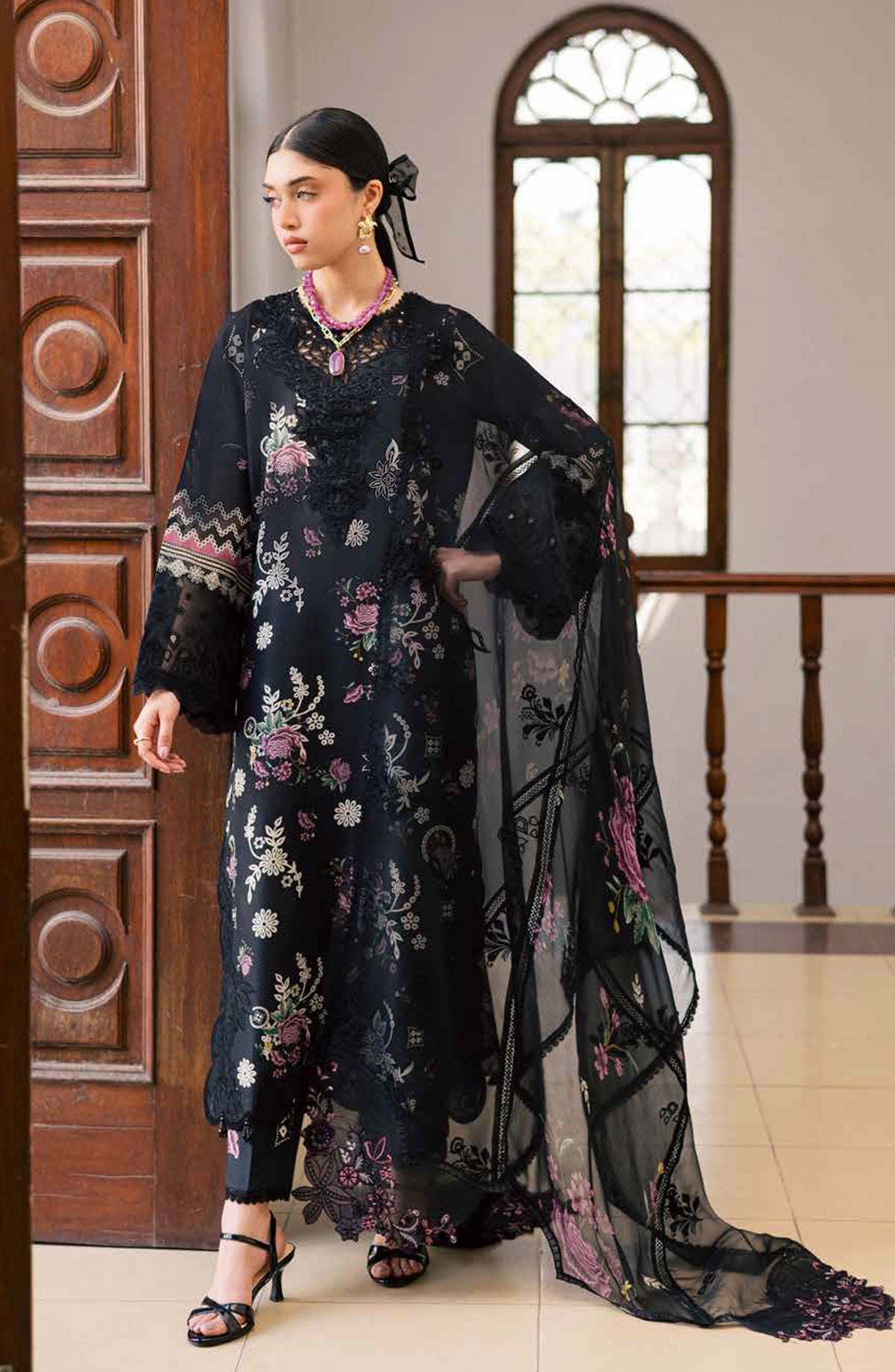 Nureh Maya Embroidered Lawn Unstitched 3 Piece Suit - NS-170 - NL26MIA - Black - Summer Collection