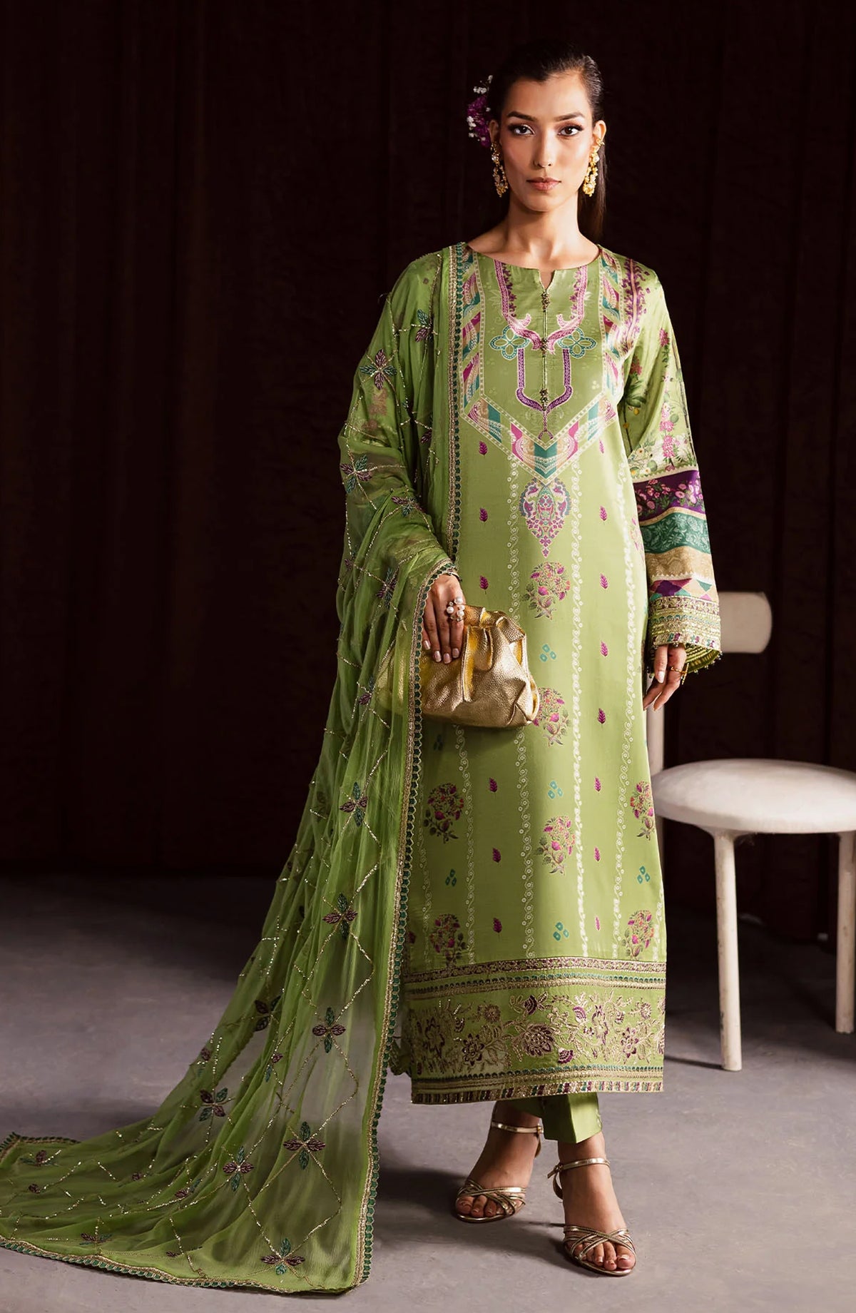 Nureh The Silk Embroidered Unstitched 3 Piece Silk Suit - S-26 - NU25SLK - Green - Luxury Collection