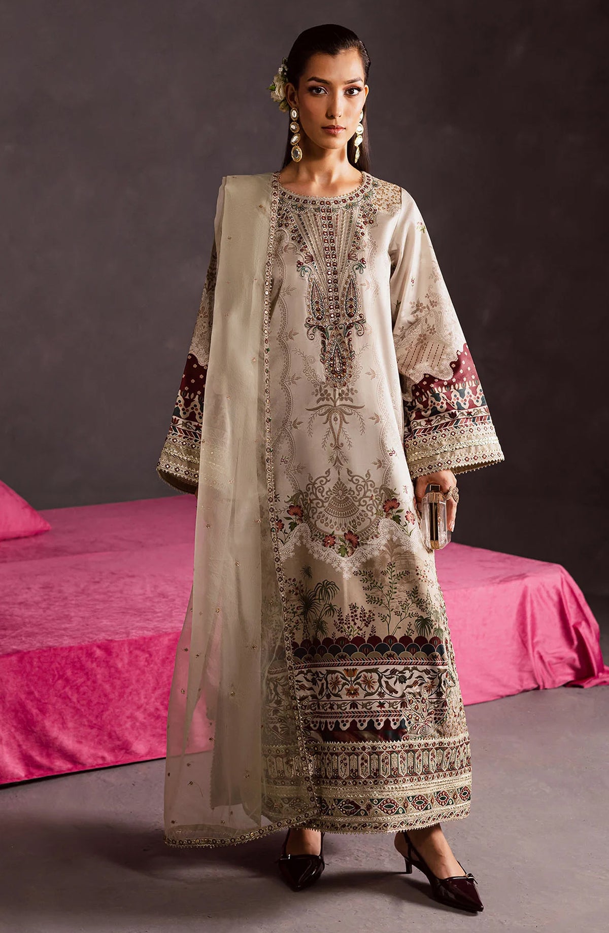 Nureh The Silk Embroidered Unstitched 3 Piece Silk Suit - S-27 - NU25SLK - White - Luxury Collection